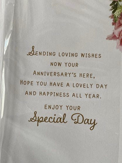 To A Special Mam & Dad On Your Anniversary Wedding Anniversary Card White/Gold Champagne/Flutes/Spots/Pink Roses 3D/Glitter/Foil Detail(PRELUDE48305)