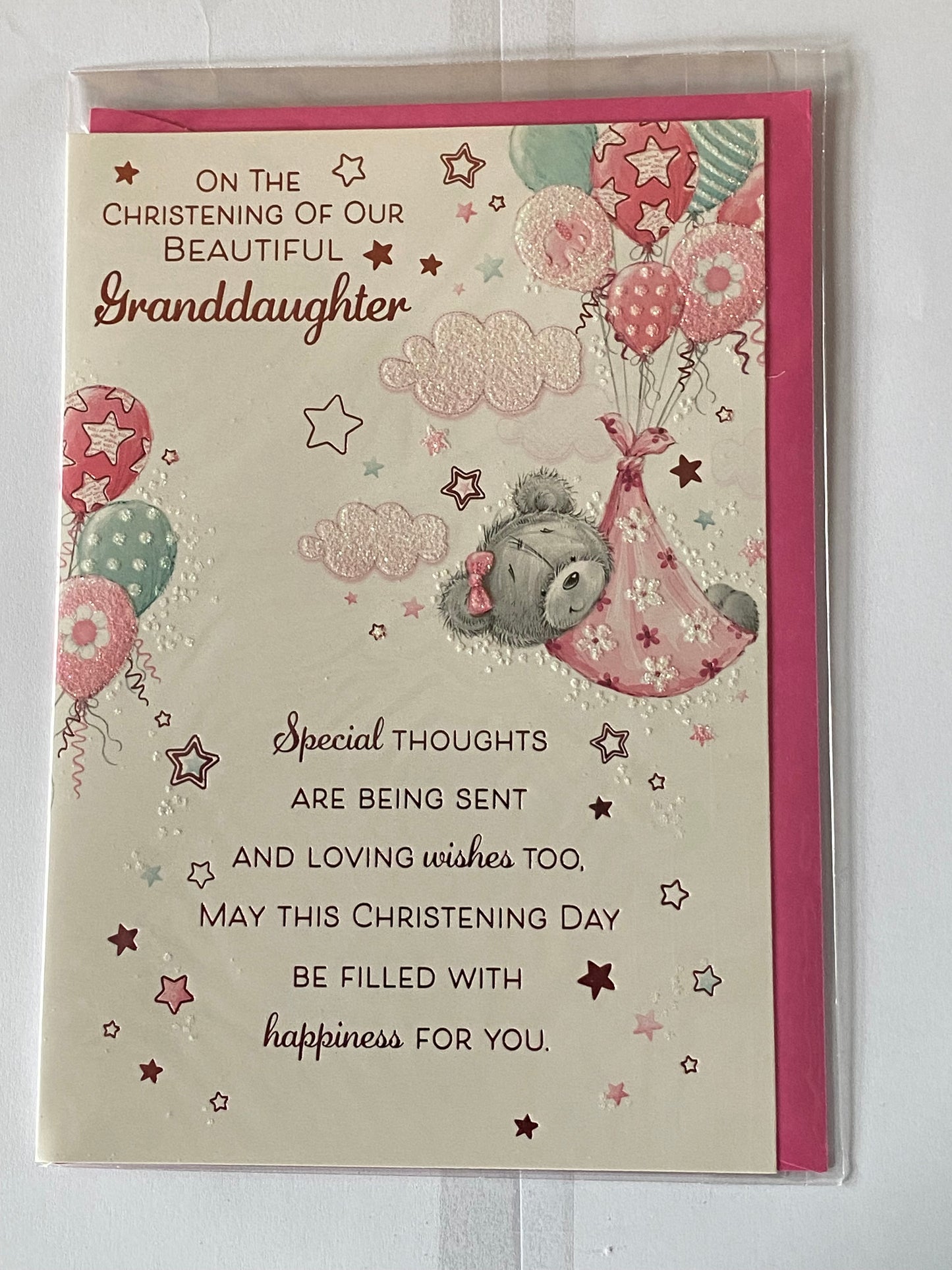 On The Christening Of Our Beautiful Granddaughter Christening Card Granddaughter's Christening Day Card Grey Teddy/Pink Blanket/Balloons Glitter/Foil Design(PH44847E)