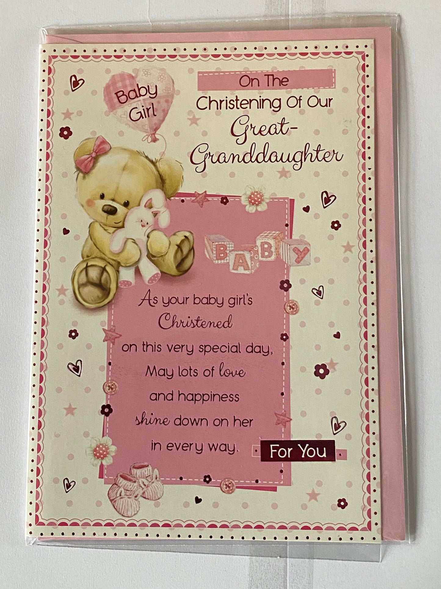 On The Christening Of Our Great-Granddaughter Christening Day Card Great-Granddaughter's White-Teddy/Pink Balloon+Rabbit/Words Foil Detail(PH41077E)