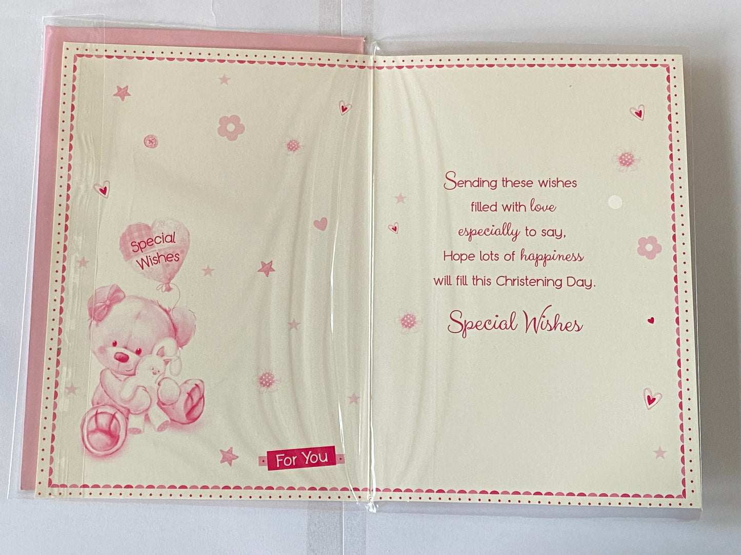 On The Christening Of Our Great-Granddaughter Christening Day Card Great-Granddaughter's White-Teddy/Pink Balloon+Rabbit/Words Foil Detail(PH41077E)