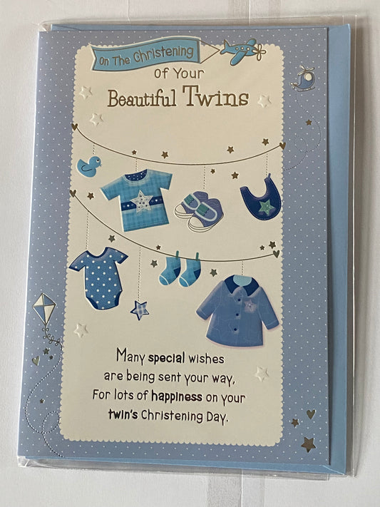 On The Christening of Your Beautiful Twins Christening Card Twin Boys Boy Sons Christening Day Card Blue Clothes/Silver Words Foil Detail(PH39999E)