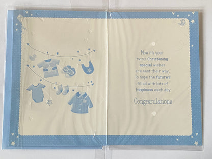 On The Christening of Your Beautiful Twins Christening Card Twin Boys Boy Sons Christening Day Card Blue Clothes/Silver Words Foil Detail(PH39999E)