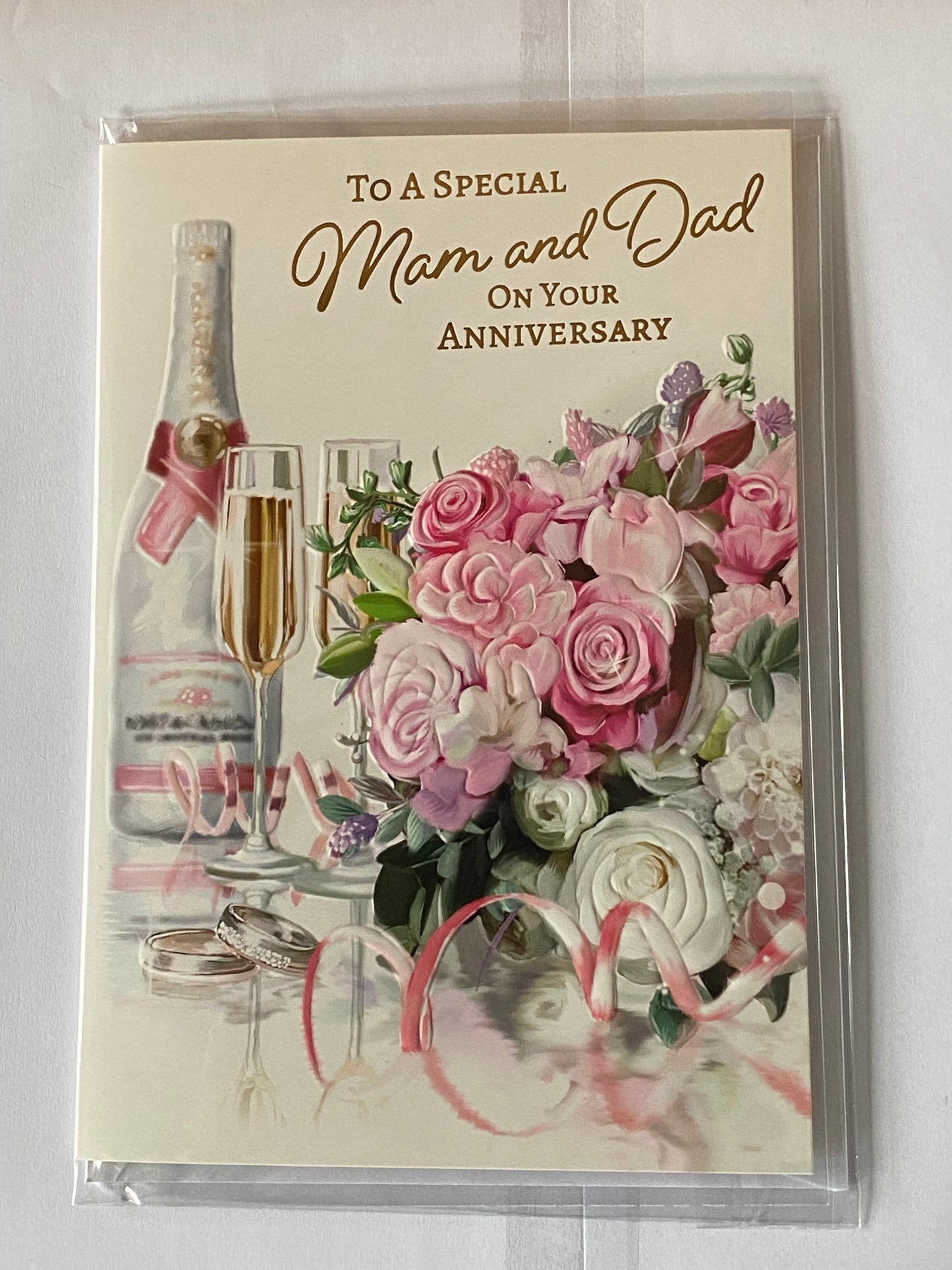 To A Special Mam And & Dad On Your Anniversary Wedding Anniversary Card White/Pink Flowers/Champagne/Flutes Foil Detail(NC-VA220E)