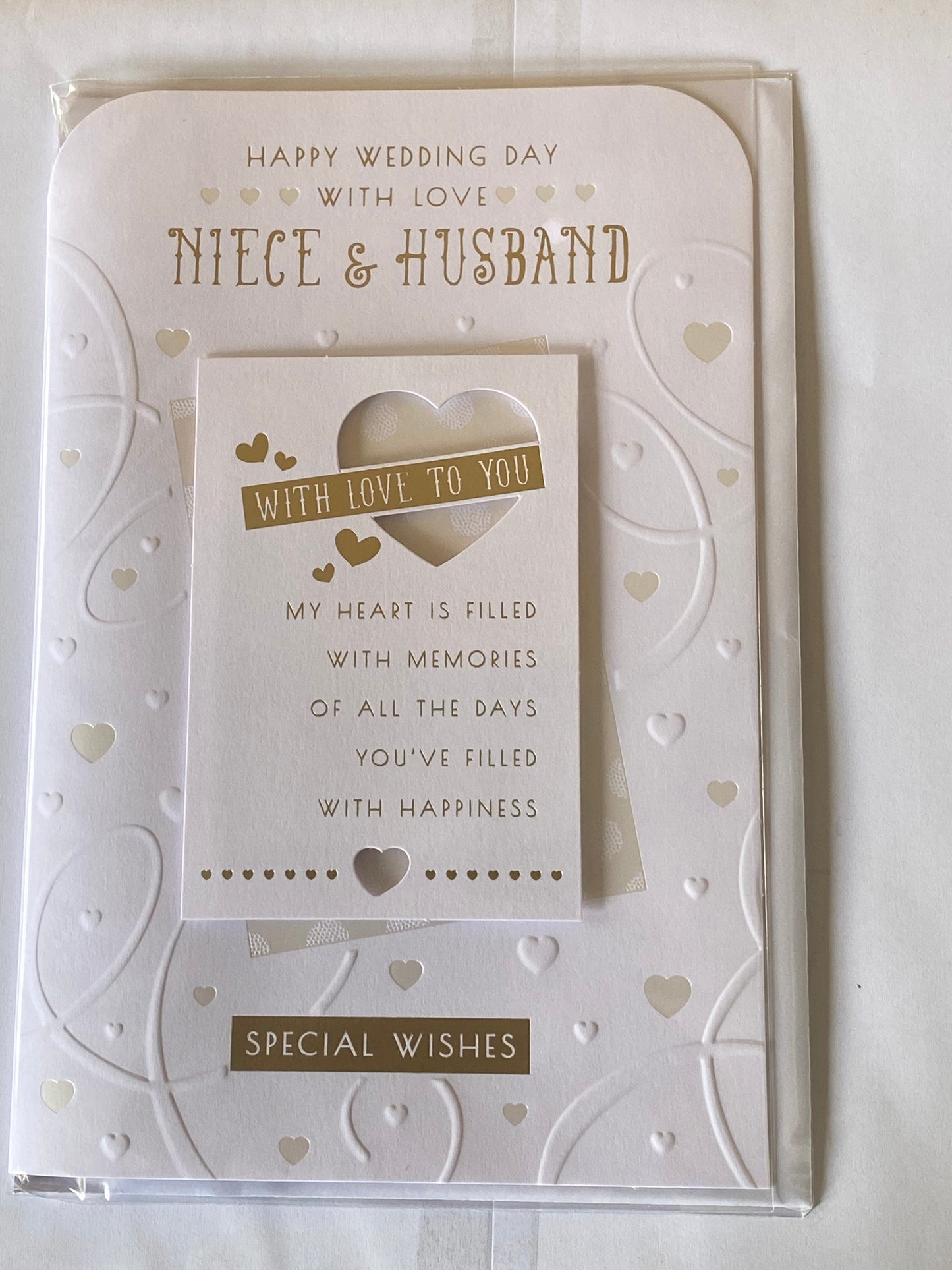 Happy Wedding Day With Love Niece & Husband Wedding Day Card White/Silver/Gold Hearts/Words 3D/Foil Detail(PRELUDE43216)