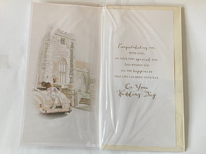 Wedding Congratulations To A Special Sister & Husband Wedding Day Card Church/Wedding Car 3D/Glitter/Foil Detail(PRELUDE43208)