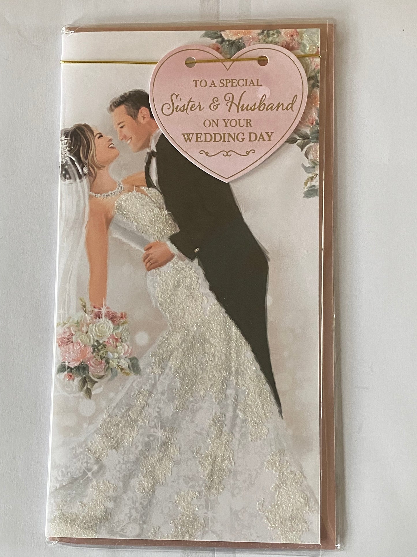 To A Special Sister & Husband On Your Wedding Day Card Bride/Groom/Pink Heart 3D/Glitter/Foil/String Detail(PRELUDE45566)