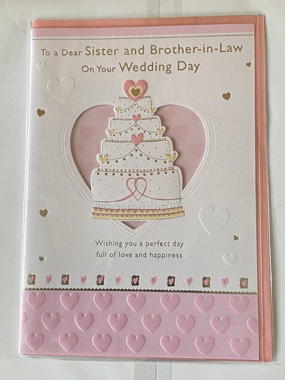 To A Dear Sister And Brother-In-Law On Your Wedding Day Card White/Pink Wedding Cake Foil Detail(PRELUDE32076)