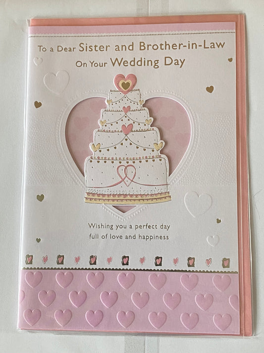 To A Dear Sister And Brother-In-Law On Your Wedding Day Card White/Pink Wedding Cake Foil Detail(PRELUDE32076)