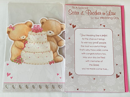 To A Special Sister & Brother-In-Law On Your Wedding Day Card White/Pink Teddies/Wedding Cake Ribbon/Pearl Heart/Foil Detail(PRELUDE35822)