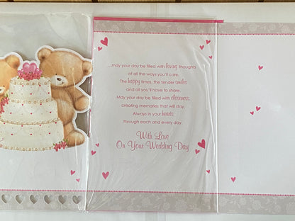 To A Special Sister & Brother-In-Law On Your Wedding Day Card White/Pink Teddies/Wedding Cake Ribbon/Pearl Heart/Foil Detail(PRELUDE35822)