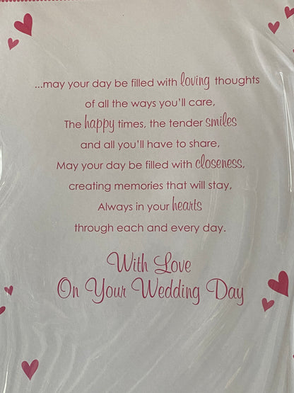 To A Special Sister & Brother-In-Law On Your Wedding Day Card White/Pink Teddies/Wedding Cake Ribbon/Pearl Heart/Foil Detail(PRELUDE35822)