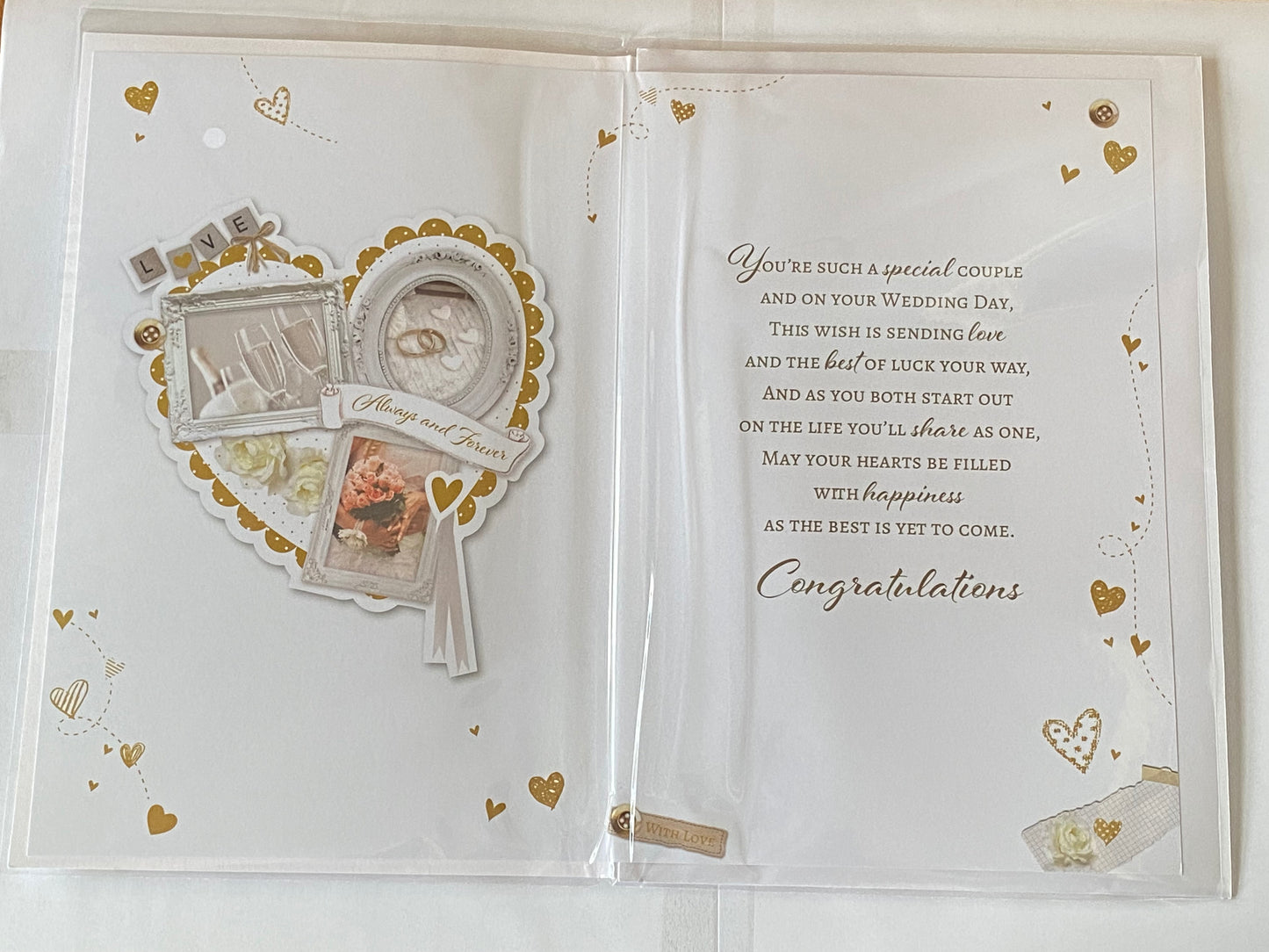 To A Special Sister & Husband On Your Wedding Day Always And Forever Wedding Day Card Card White/Gold Hearts/Words 3D/Foil Detail(PRELUDE43217)