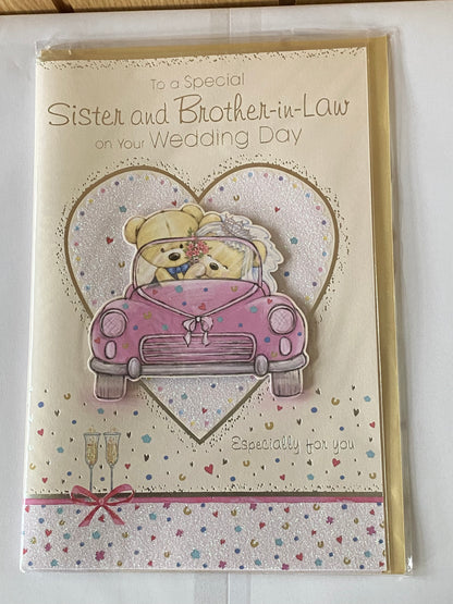 To A Special Sister and & Brother-in-Law On Your Wedding Day Card Teddies/Pink Car 3D/Glitter/Foil Detail(PRELUDE33299)