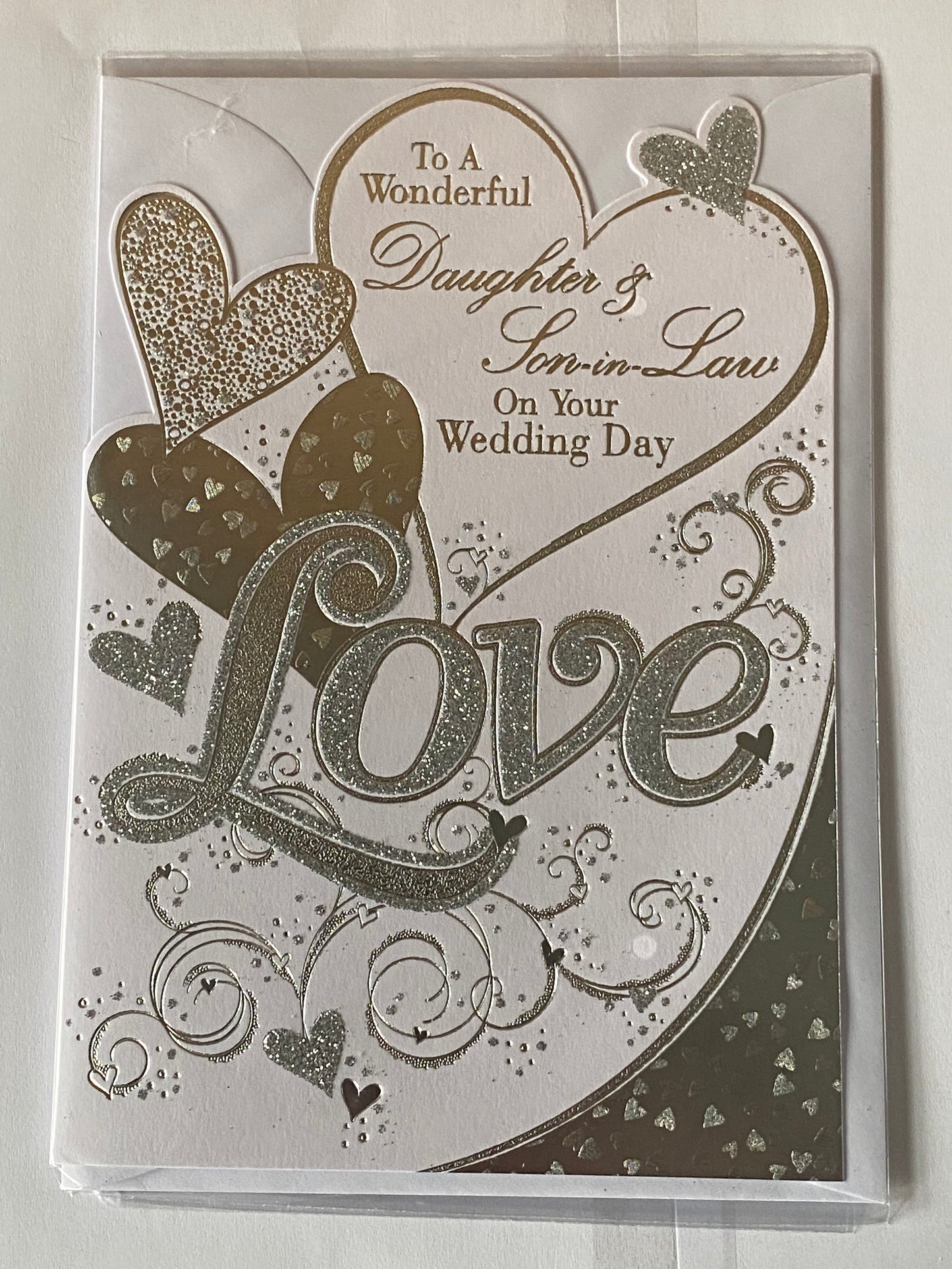 To A Wonderful Daughter & And Son-In-Law On Your Wedding Day Card White/Silver Love/Hearts Glitter/Foil Detail(KI35874)