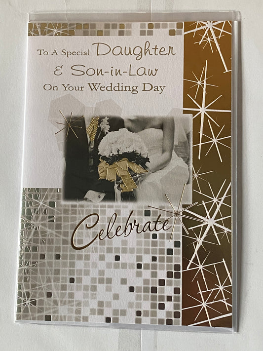 To A Special Daughter & And Son-In-Law On Your Wedding Day Card White/Silver/Gold Bride+Groom/Stars/Squares Foil Detail(KI34499)