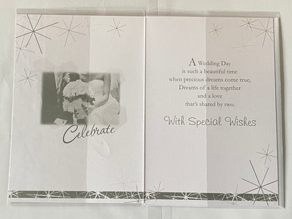 To A Special Daughter & And Son-In-Law On Your Wedding Day Card White/Silver/Gold Bride+Groom/Stars/Squares Foil Detail(KI34499)