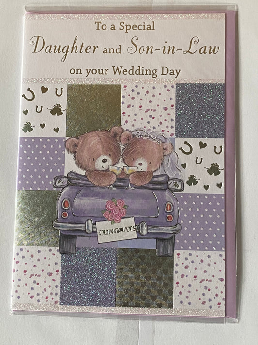 To A Special Daughter & And Son-In-Law On Your Wedding Day Card White/Purple/Silver Teddies/Purple Car Glitter/Foil Detail(KI32838)