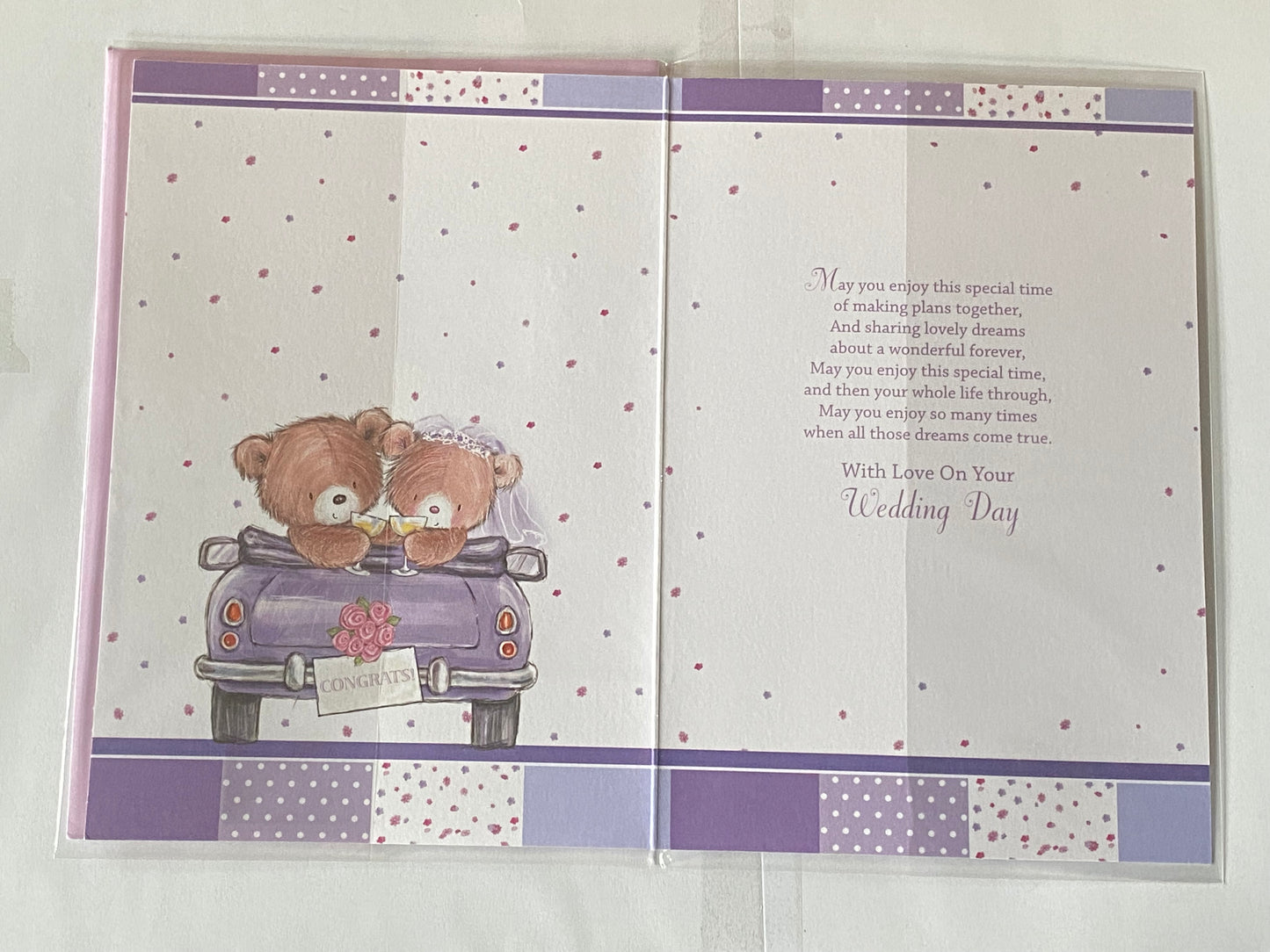 To A Special Daughter & And Son-In-Law On Your Wedding Day Card White/Purple/Silver Teddies/Purple Car Glitter/Foil Detail(KI32838)