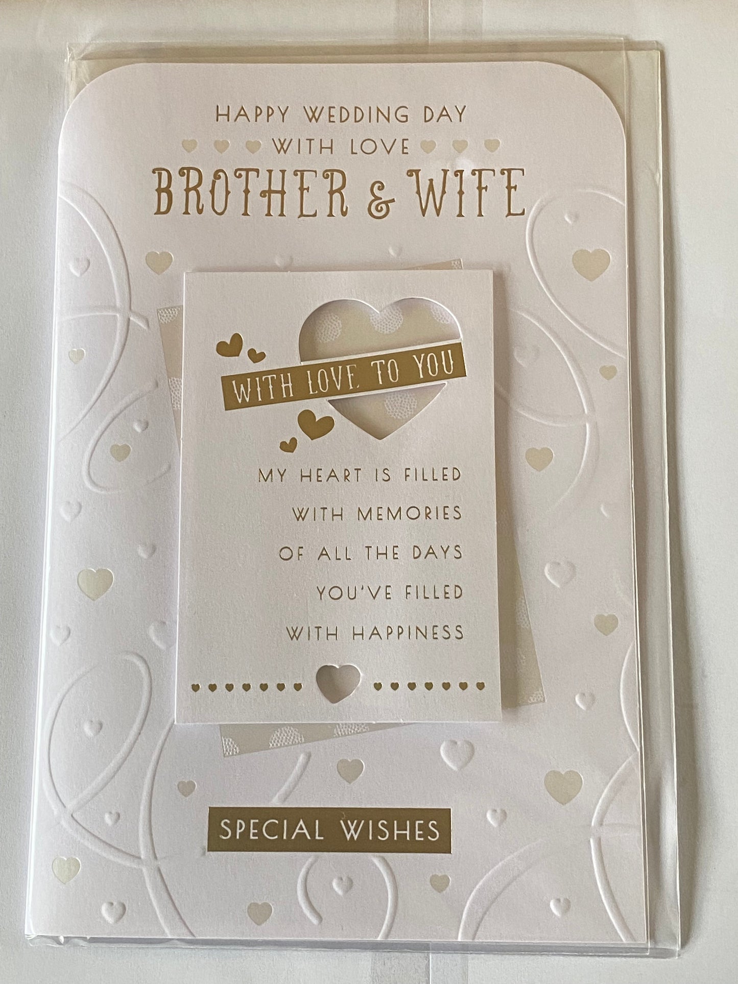 Happy Wedding Day With Love Brother & Wife With Love To You Wedding Day Card White/Gold Hearts/Words 3D/Foil Detail(PRELUDE43216)