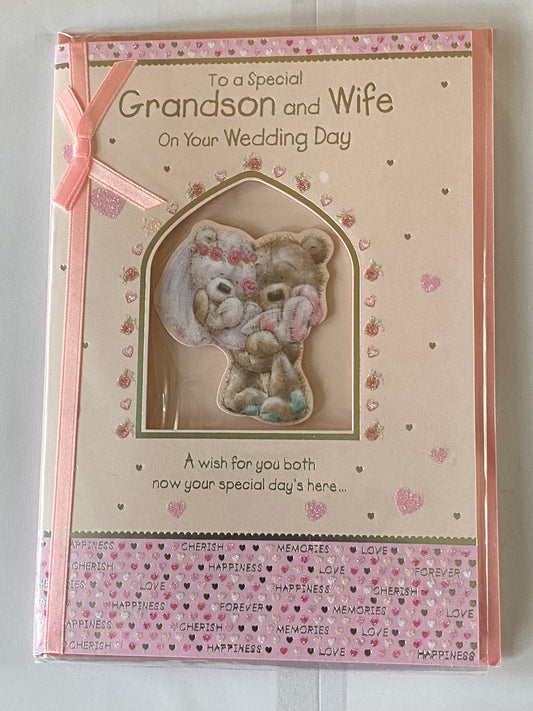 To A Special Grandson And & Wife On Your Wedding Day Wedding Day Card Pink/Silver Bride & Groom Teddies 3D/Glitter/Ribbon/Foil Detail(PRELUDE32070)