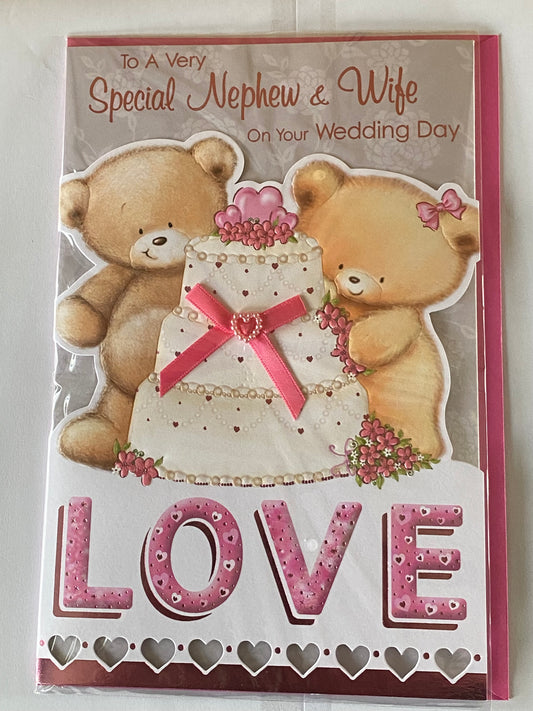 To A Very Special Nephew & Wife On Your Wedding Day Card White/Pink Teddies/Wedding Cake Ribbon/Pearl Heart/Foil Detail(PRELUDE35822)