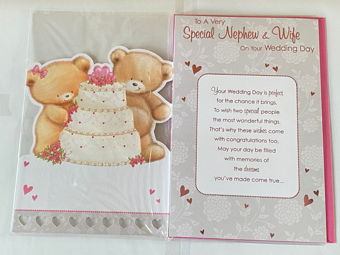 To A Very Special Nephew & Wife On Your Wedding Day Card White/Pink Teddies/Wedding Cake Ribbon/Pearl Heart/Foil Detail(PRELUDE35822)