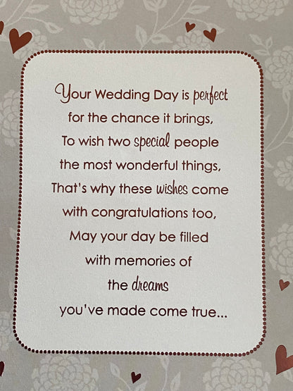 To A Very Special Nephew & Wife On Your Wedding Day Card White/Pink Teddies/Wedding Cake Ribbon/Pearl Heart/Foil Detail(PRELUDE35822)