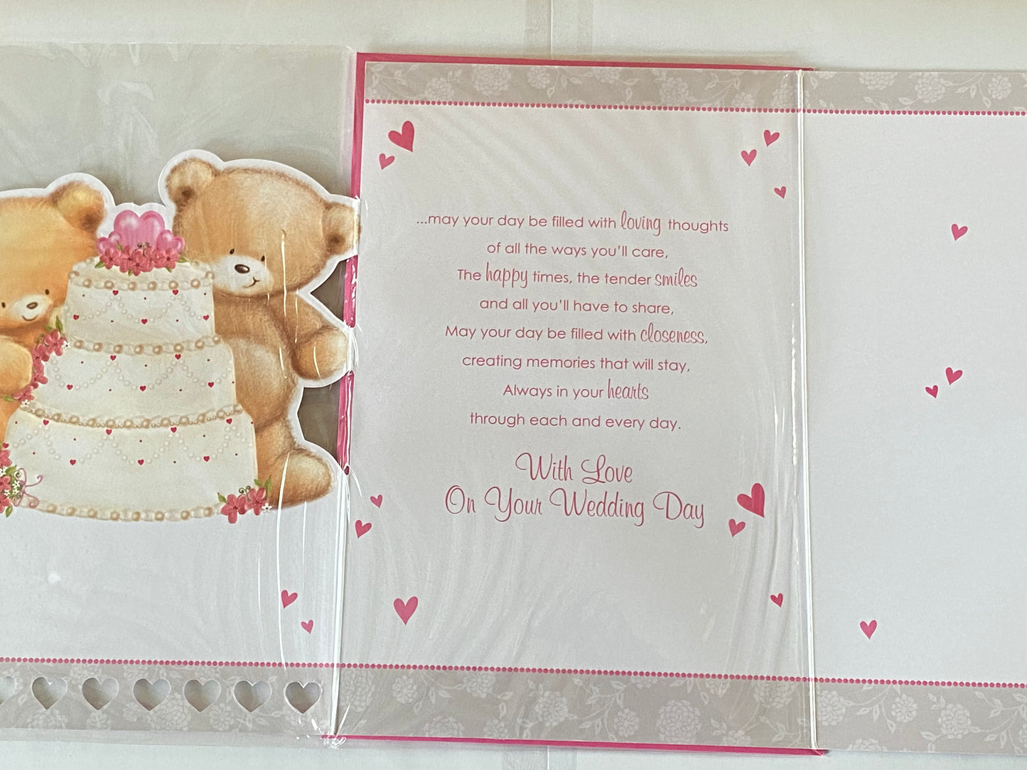 To A Very Special Nephew & Wife On Your Wedding Day Card White/Pink Teddies/Wedding Cake Ribbon/Pearl Heart/Foil Detail(PRELUDE35822)