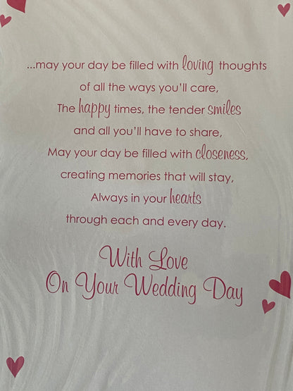 To A Very Special Nephew & Wife On Your Wedding Day Card White/Pink Teddies/Wedding Cake Ribbon/Pearl Heart/Foil Detail(PRELUDE35822)