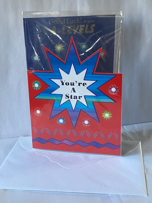 Good Luck! In Your A-Levels You're A Star Card A Level Exams Exam Blue/Red-Big Star Foil Detail(SS31189B)