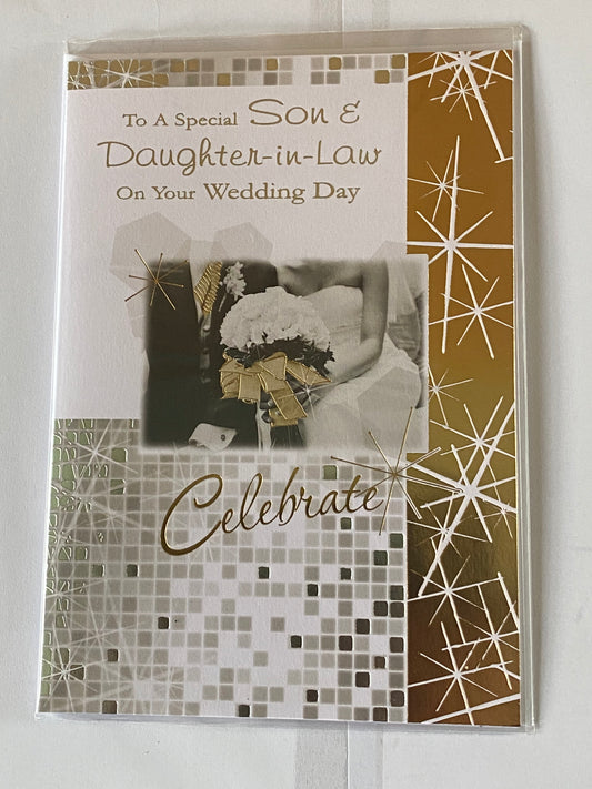 To A Special Son & Daughter-In-Law On Your Wedding Day Card White/Silver/Gold Bride+Groom/Stars/Squares Foil Detail(KI34499)