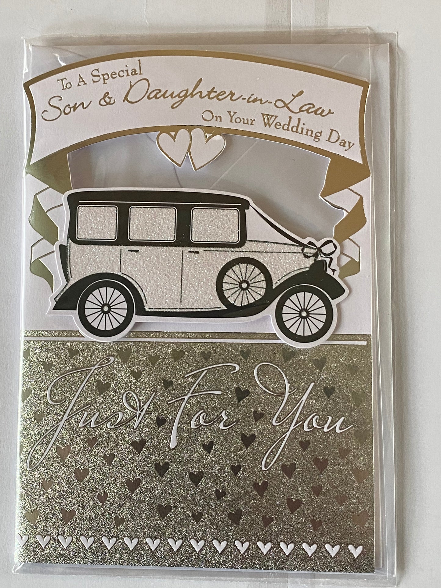 To A Special Son & Daughter-In-Law On Your Wedding Day Just for You Wedding Day Card White/Silver/Black Vintage Wedding Car 3D/Glitter/Foil Detail(PRELUDE35805)