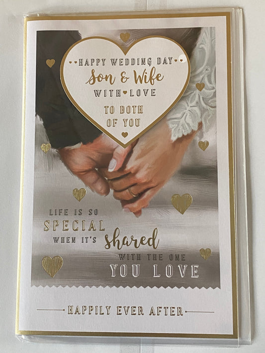 Happy Wedding Day Son & Wife With Love To Both Of You Wedding Day Card Holding Hands/Hearts 3D/Foil Detail(PRELUDE43212)