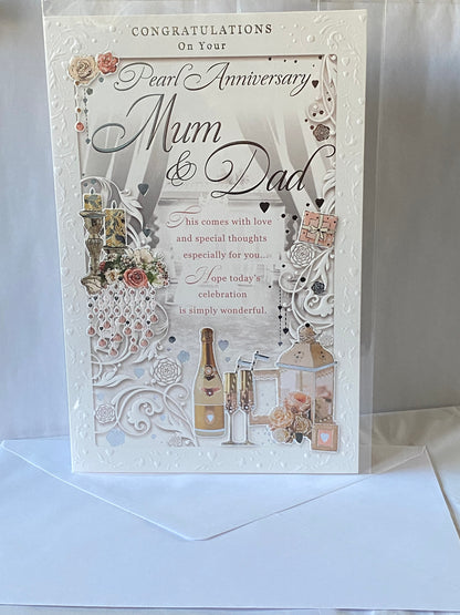Congratulations On Your Pearl Anniversary Mum & Dad 30th Wedding Anniversary Card Champagne/Lantern Foil Detail Larger Card(XYOP125009/03)