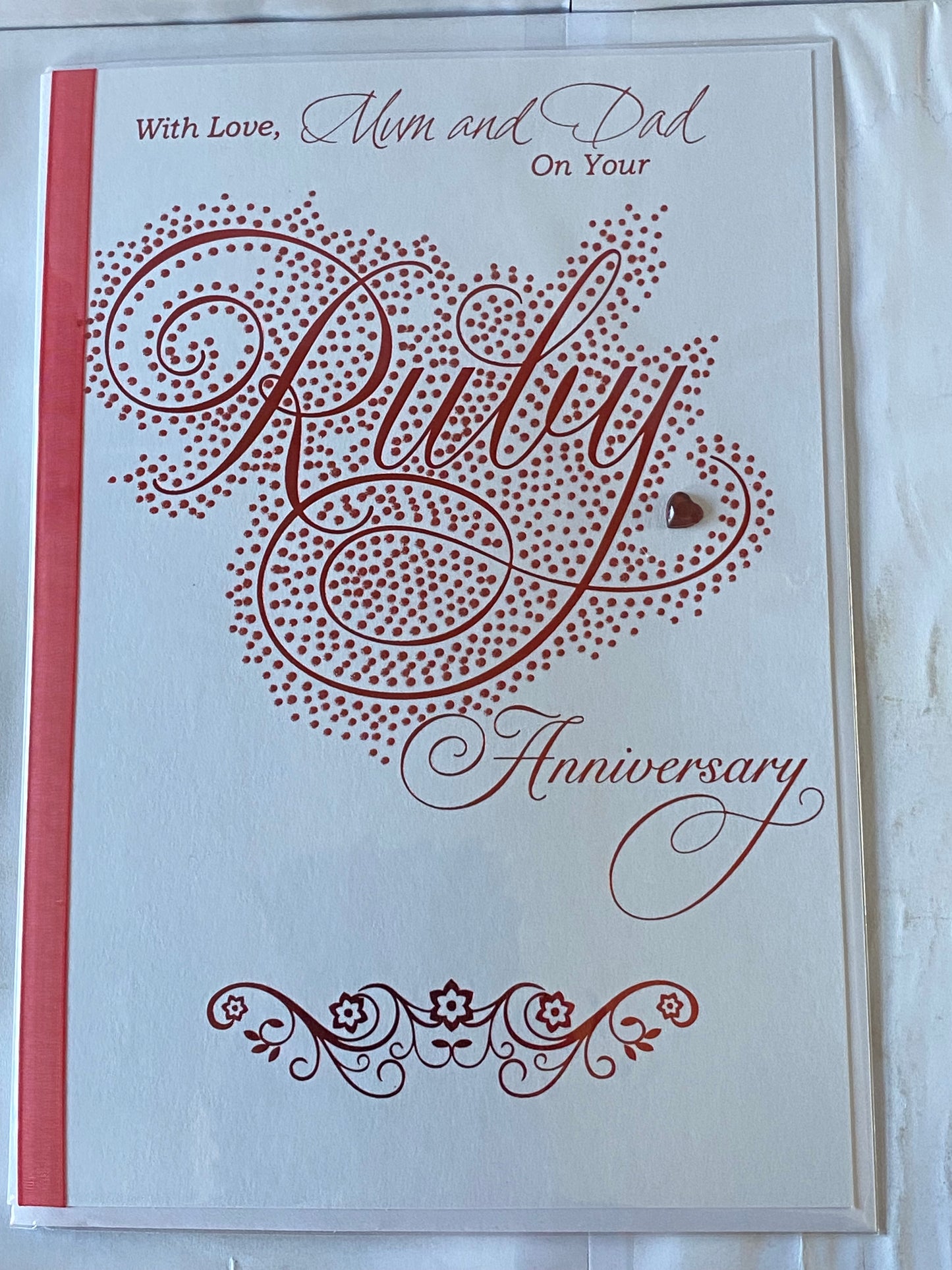 With Love Mum And & Dad On Your Ruby Anniversary 40th Wedding Anniversary Card Red Words Heart Gem/Ribbon/Glitter/Foil Detail Larger Size Card(HGP088)