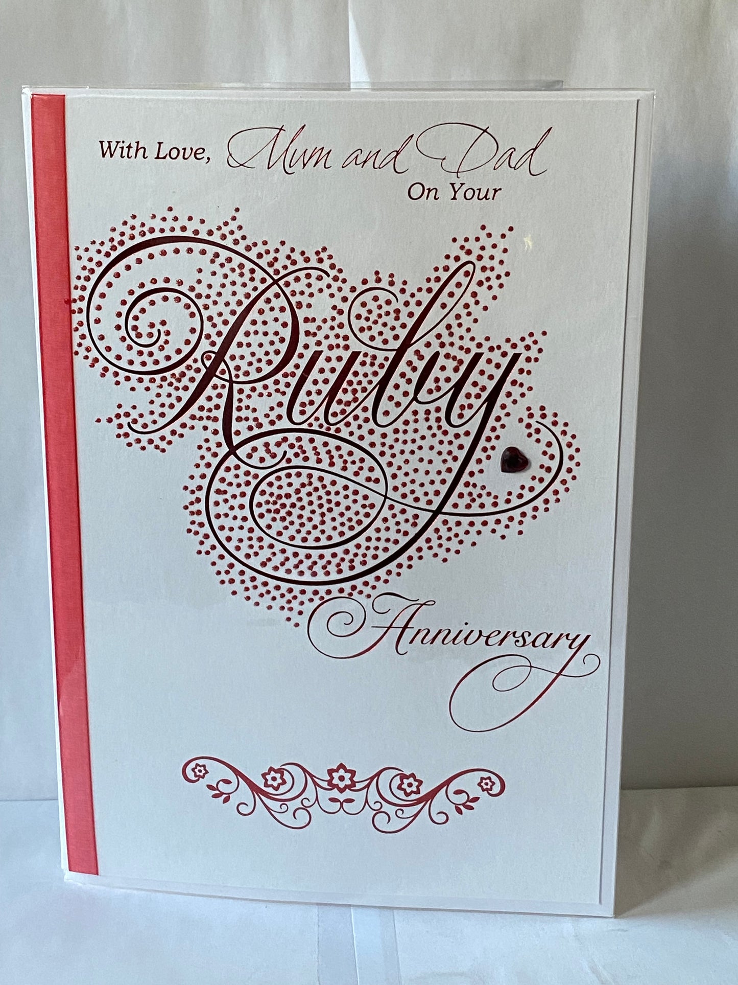 With Love Mum And & Dad On Your Ruby Anniversary 40th Wedding Anniversary Card Red Words Heart Gem/Ribbon/Glitter/Foil Detail Larger Size Card(HGP088)