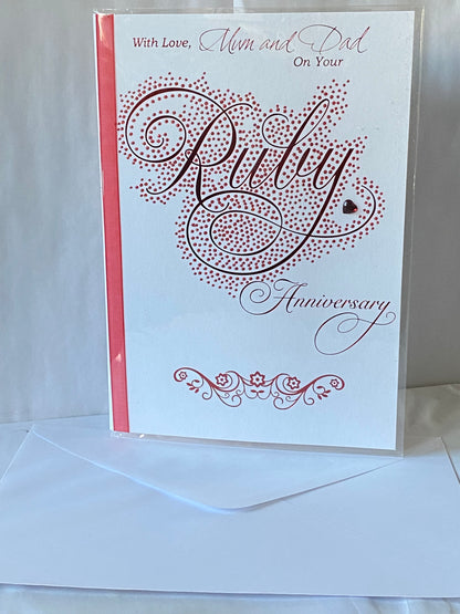 With Love Mum And & Dad On Your Ruby Anniversary 40th Wedding Anniversary Card Red Words Heart Gem/Ribbon/Glitter/Foil Detail Larger Size Card(HGP088)