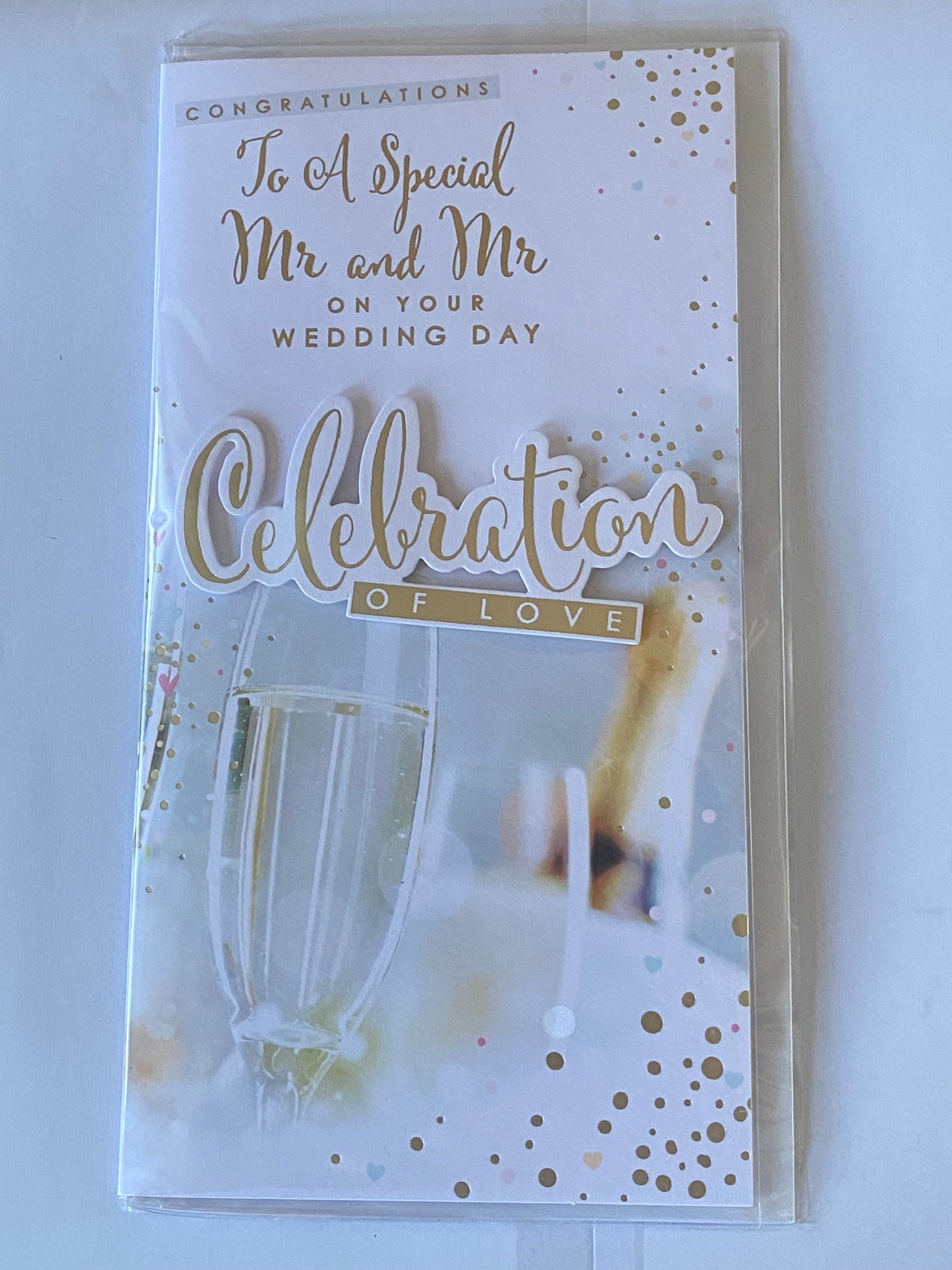 Congratulations To A Special Mr And & Mr On Your Wedding Day Celebration Of Love Wedding Day Card Champagne/Flutes/Words 3D/Foil Detail(PRELUDE47278)