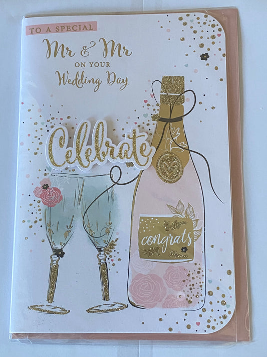 To A Special Mr & Mr On Your Wedding Day Celebrate Wedding Day Card White/Gold/Pink Champagne/Flutes 3D/Glitter/Foil Detail(PRELUDE45571)