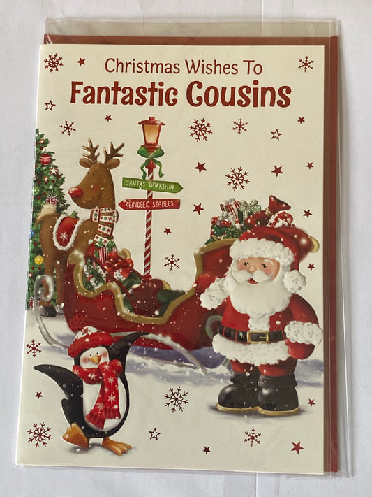 Christmas Wishes To Fantastic Cousins Christmas Card Cute Santa/Sleigh/Rudolph/Penguin/Red Snowflakes Foil Detail(PH46360A)