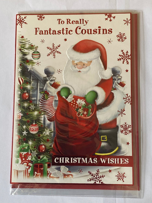 To Really Fantastic Cousins Christmas Wishes Christmas Card Cute Santa/Red Sack/Presents/Tree/Staircase Foil Detail(PH45229A)