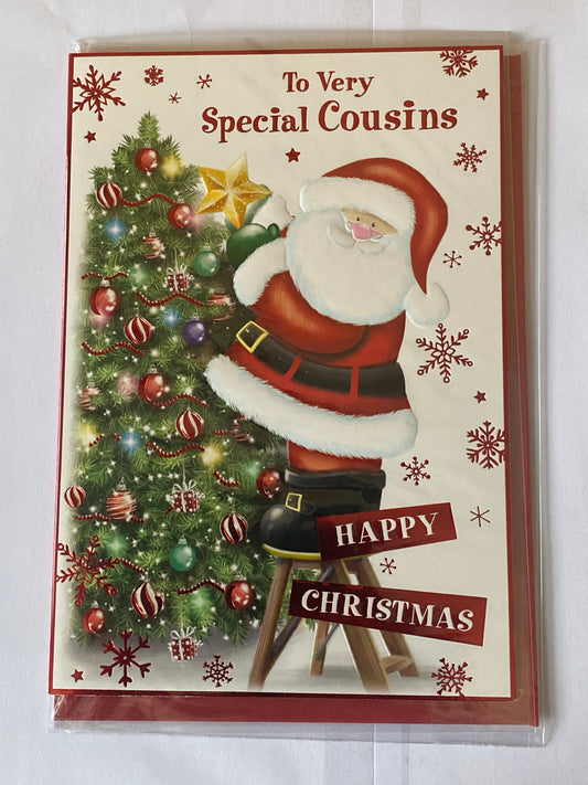 To Very Special Cousins Happy Christmas Card Cute Santa/Ladders/Tree/Star Foil Detail(PH45229B)