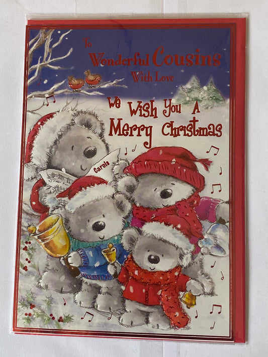 To Wonderful Cousins With Love We Wish You A Merry Christmas Card Teddy Carol Singers/Bells/Red Words Foil Detail(PH38241A)