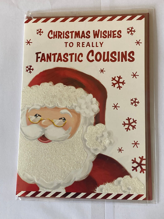 Christmas Wishes To Really Fantastic Cousins Christmas Card White/Red Cute Santa/Red Snowflakes Glitter/Foil Detail(PH47003A)