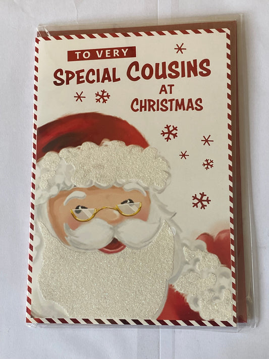 To Very Special Cousins At Christmas Card White/Red Cute Santa/Red Snowflakes Glitter/Foil Detail(PH47003B)