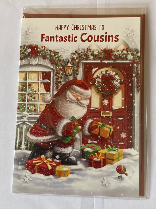 Happy Christmas To Fantastic Cousins Christmas Card Cute Santa/Red Door/Presents Glitter/Foil Detail(NC-VX108A)