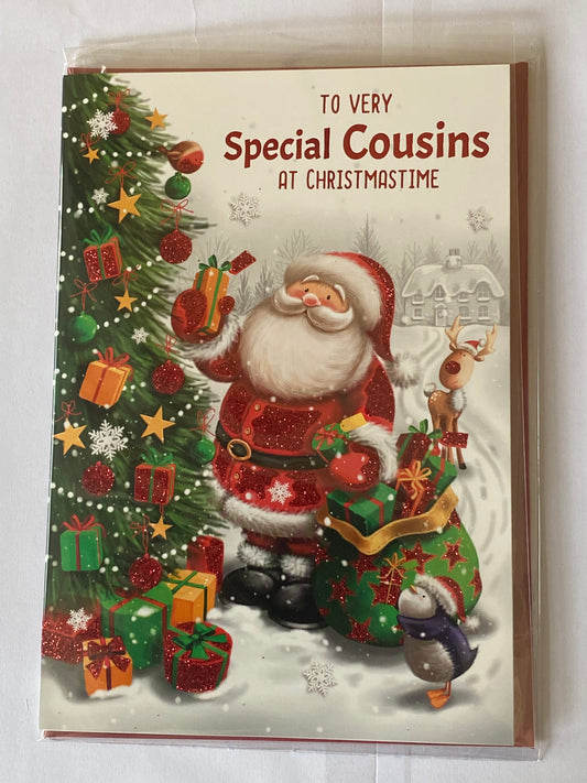 To Very Special Cousins At Christmastime Christmas Card Cute Santa/Tree/Presents Glitter/Foil Detail(NC-VX108B)