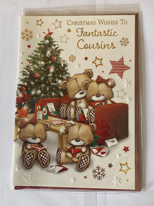 Christmas Wishes To Fantastic Cousins Christmas Card Teddy Family/Red Sofa/Christmas Tree/Cards Foil Detail(PH46992A)