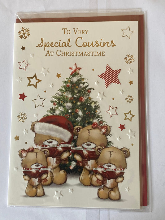 To Very Special Cousins At Christmastime Christmas Card Teddy Family/Red Books/Christmas Tree Foil Detail(PH46992B)