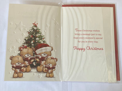 To Very Special Cousins At Christmastime Christmas Card Teddy Family/Red Books/Christmas Tree Foil Detail(PH46992B)